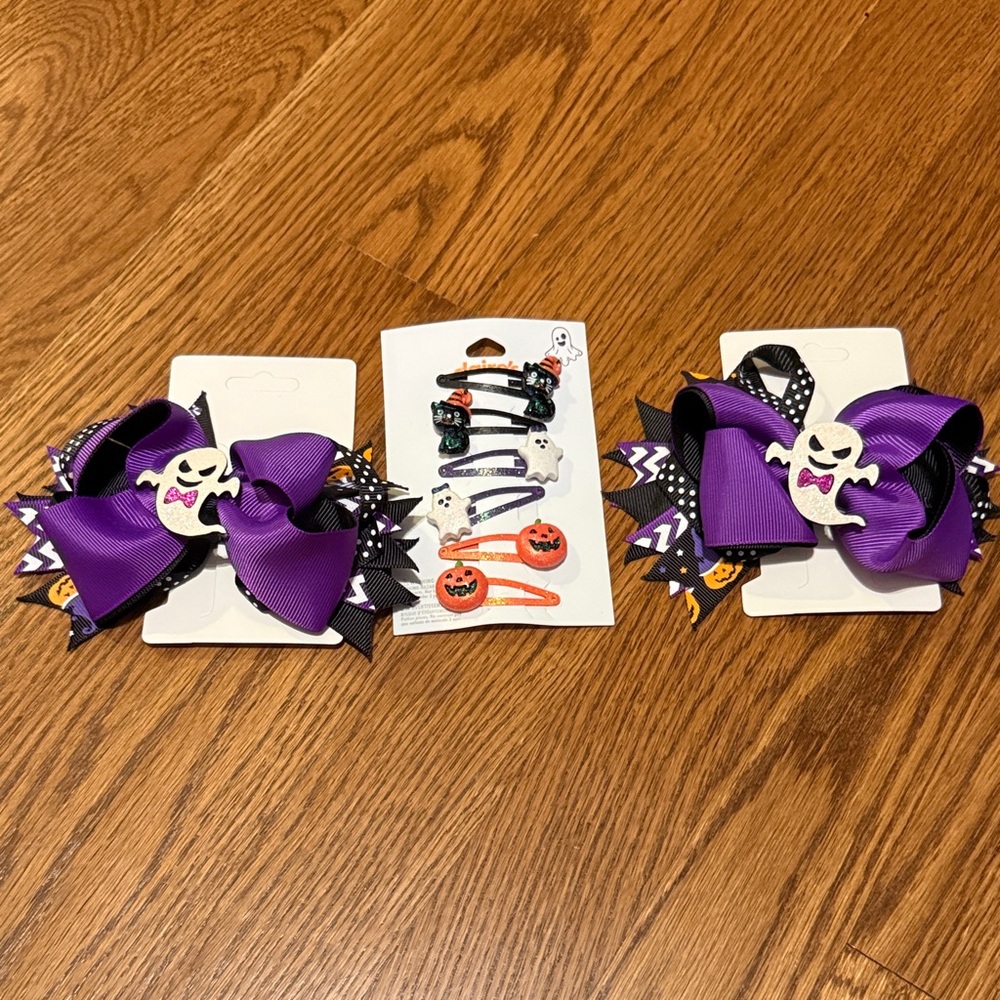 Bundle: Two Purple Halloween Hair Bows and Clips Set